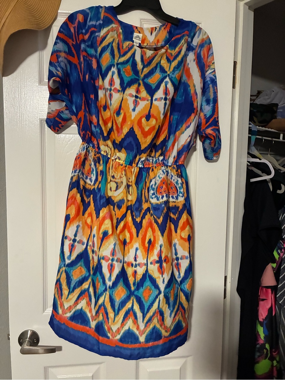 Signature by Sangria Blue, Orange & Yellow Printed Midi Dress